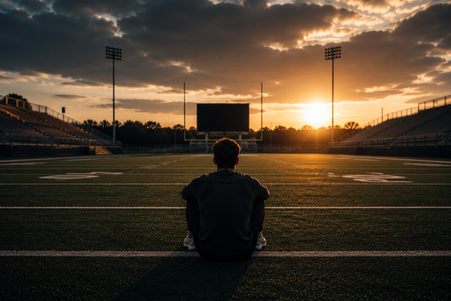 Meditation in football stadium representing human development and inner strength